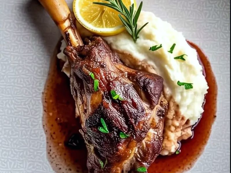 Glazed lamb shank with potato purée, reduced jus, lemon and rosemary